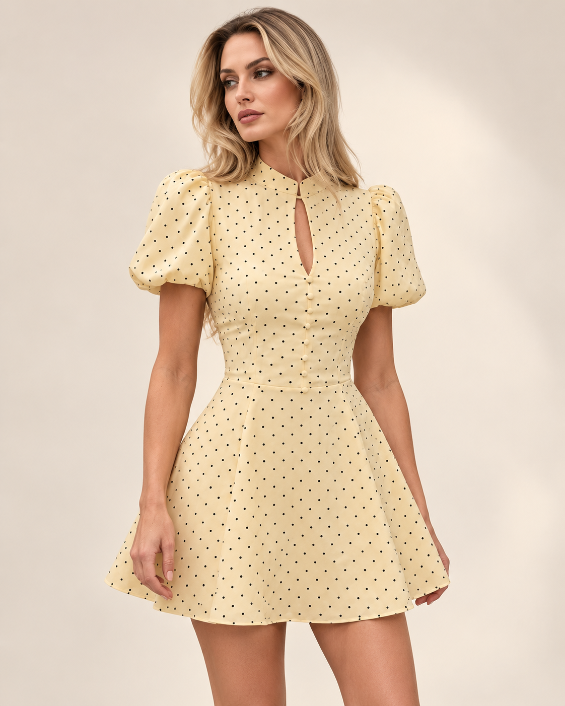 Vestido Curto de Bolas com Mangas Balão em fundo de estúdio | Tolobasao