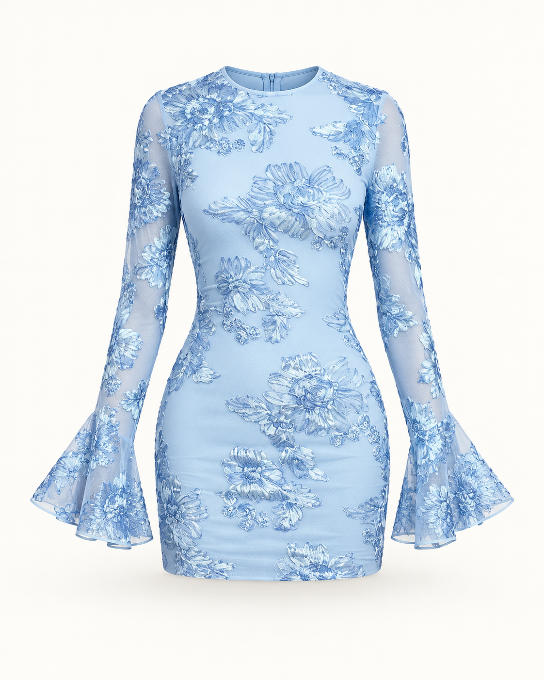 Vestido curto bordado com costas descobertas em azul — imagem do produto