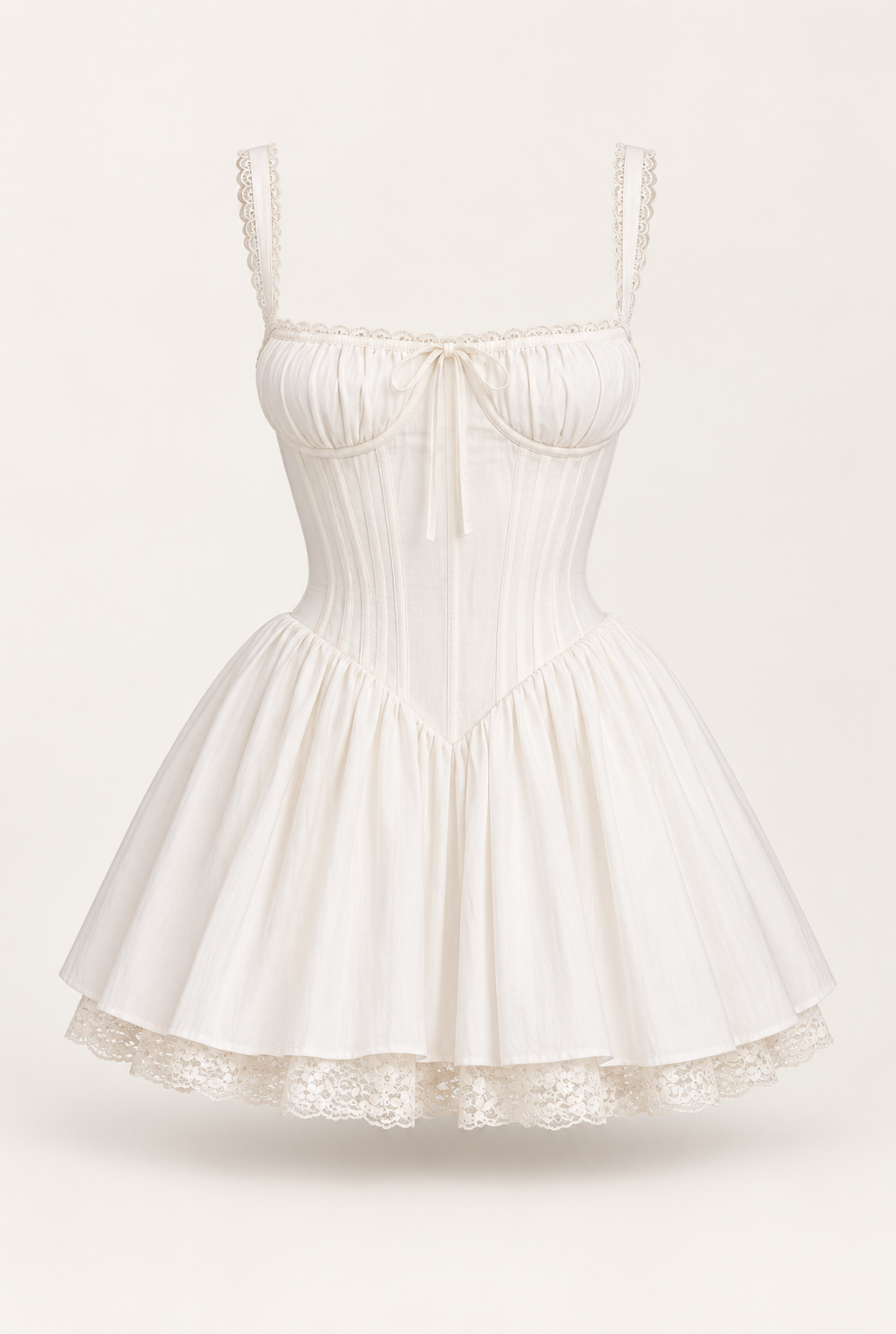 Vestido Curto Branco com Corpete de Renda em fundo de estúdio | Tolobasao