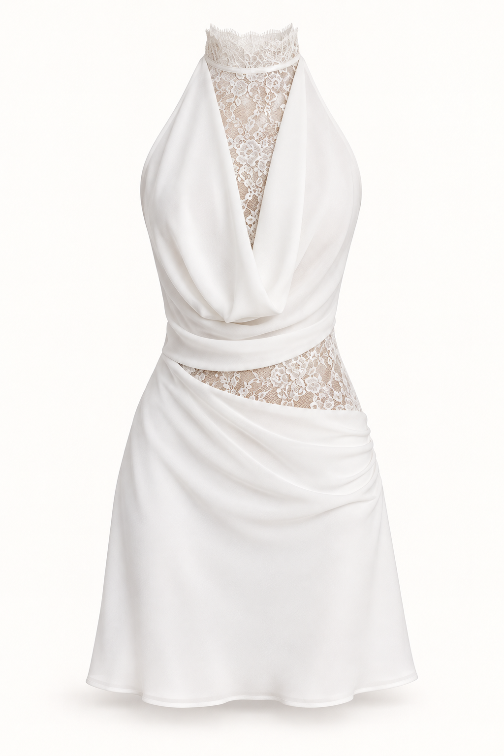 Vestido Curto Branco de Renda com Gola Alta em Branco — imagem de produto em fundo de estúdio | Tolobasao