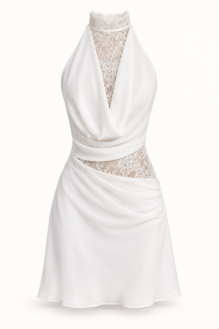 Vestido Curto Branco de Renda com Gola Alta
