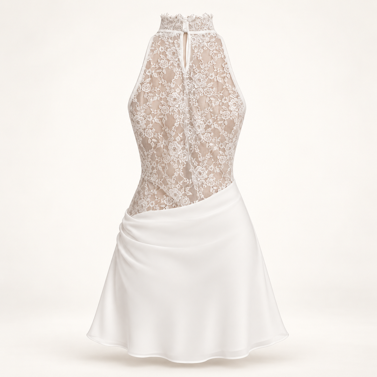 Vestido Curto Branco de Renda com Gola Alta em fundo de estúdio | Tolobasao