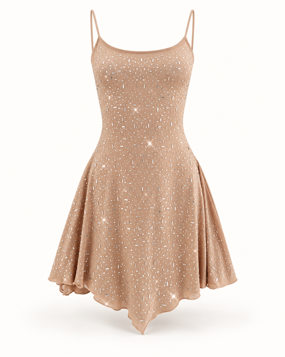Vestido curto com brilho e pedrarias em nude — imagem do produto