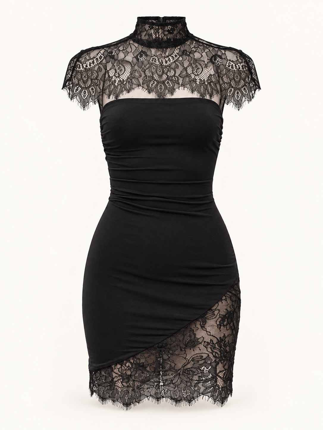 Vestido Curto de Renda com Gola Alta — Modelo B em Preto — imagem de produto em fundo de estúdio | Tolobasao