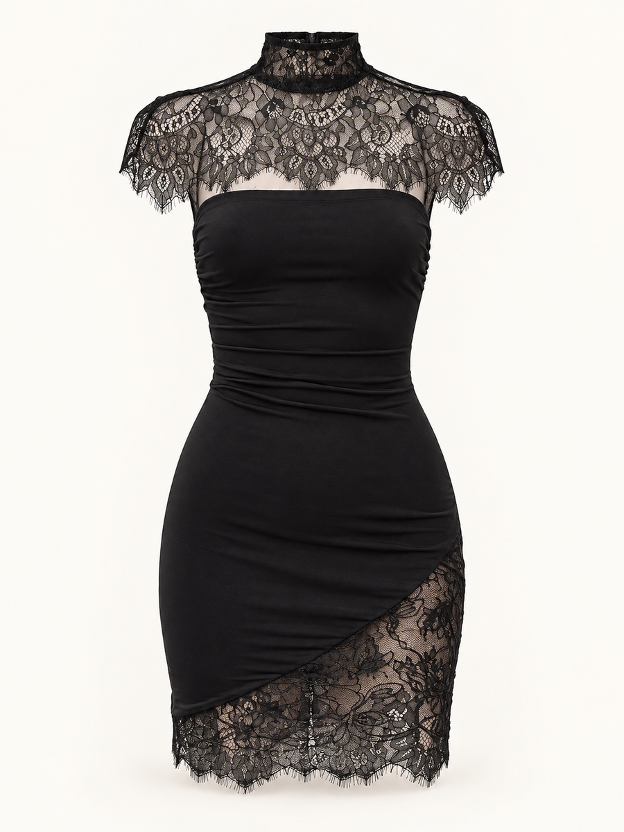 Vestido Curto de Renda com Gola Alta — Modelo B