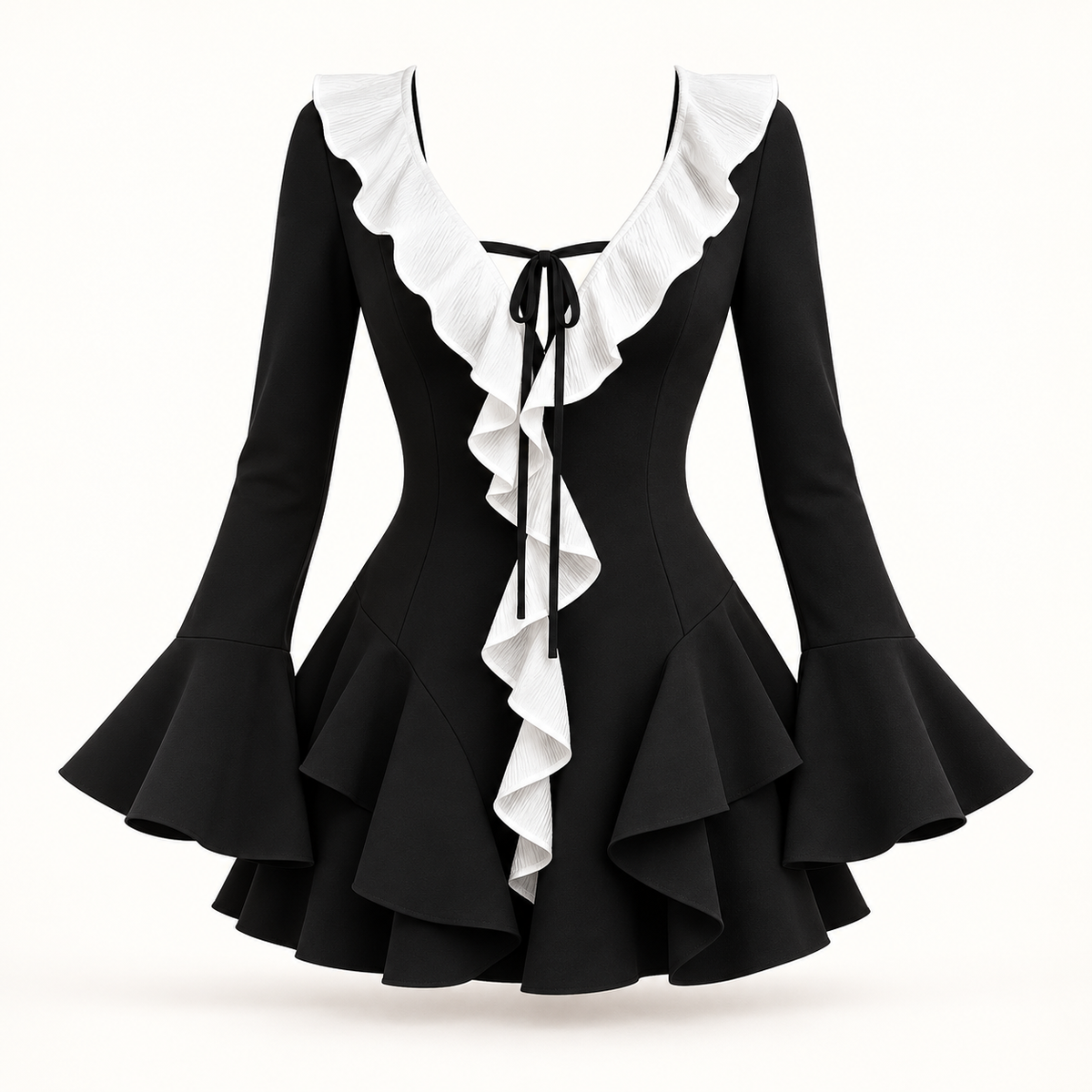 Vestido Curto com Folhos e Mangas Amplas em fundo de estúdio | Tolobasao