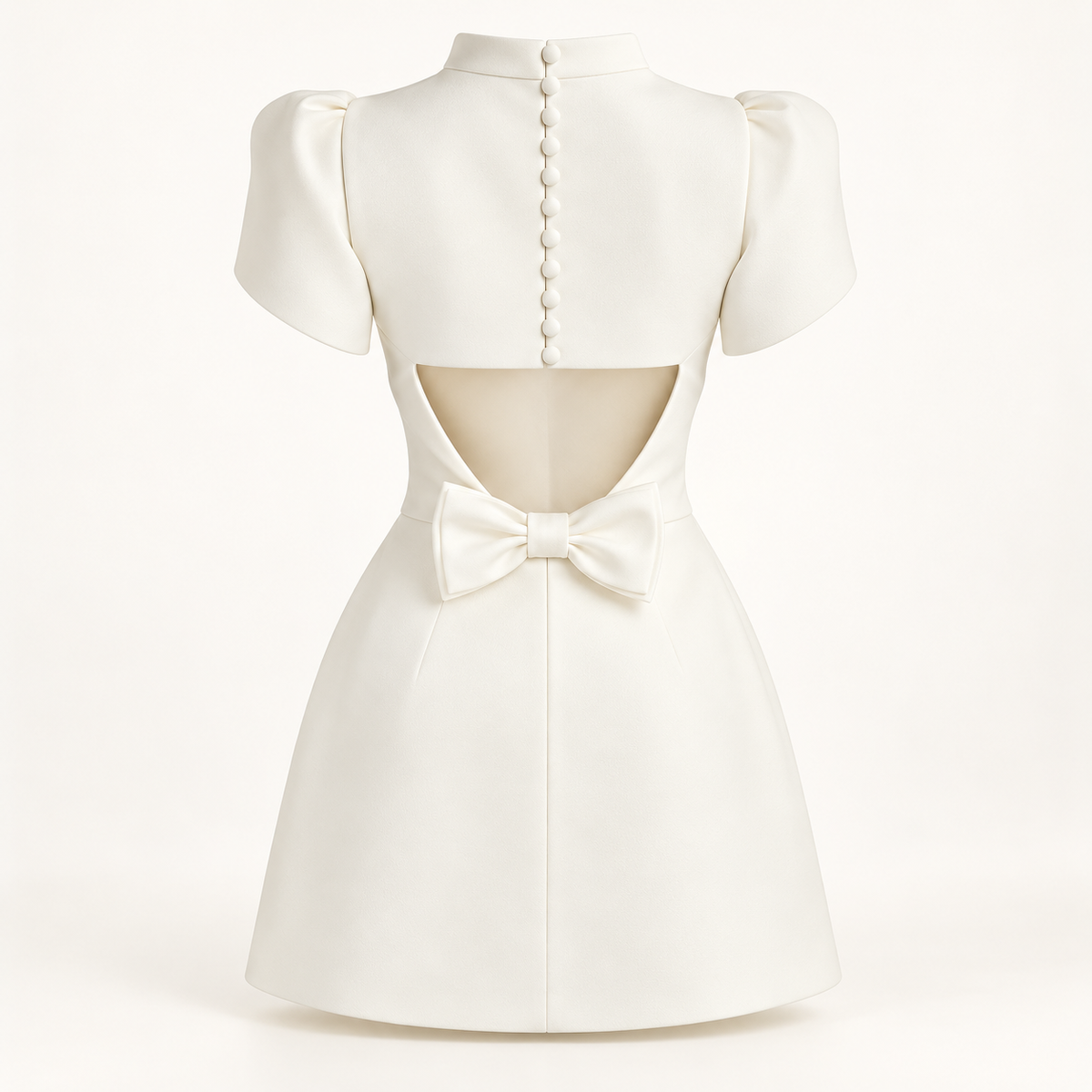 Vestido Curto com Laço e Recortes, vista traseira em fundo de estúdio | Tolobasao