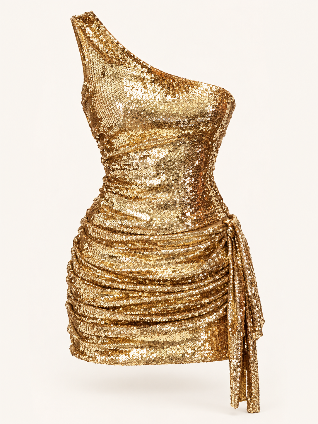 Vestido curto de lantejoulas com um ombro em dourado — imagem do produto