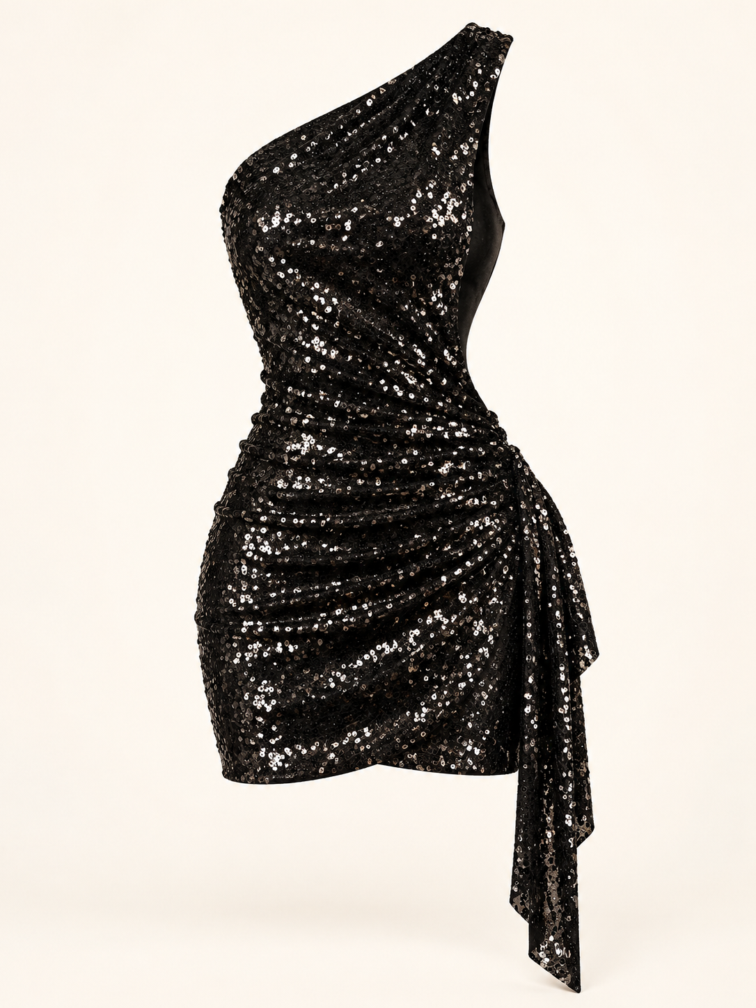 Vestido curto de lantejoulas com um ombro em preto — imagem do produto