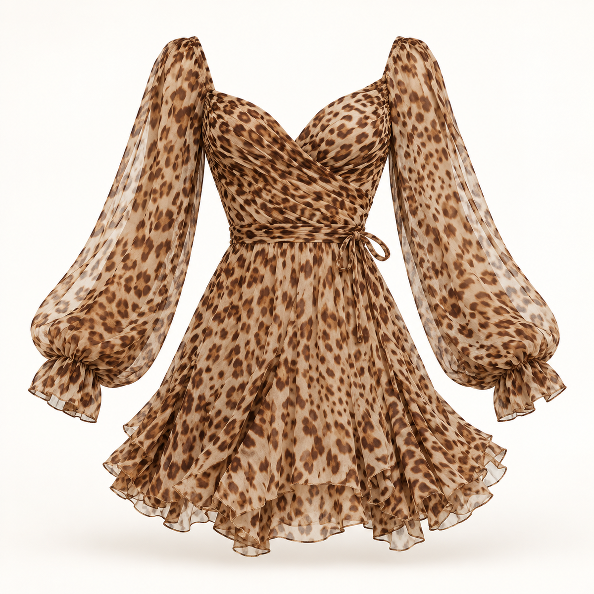 Vestido Curto Leopardo com Folhos e Cinto em fundo de estúdio | Tolobasao