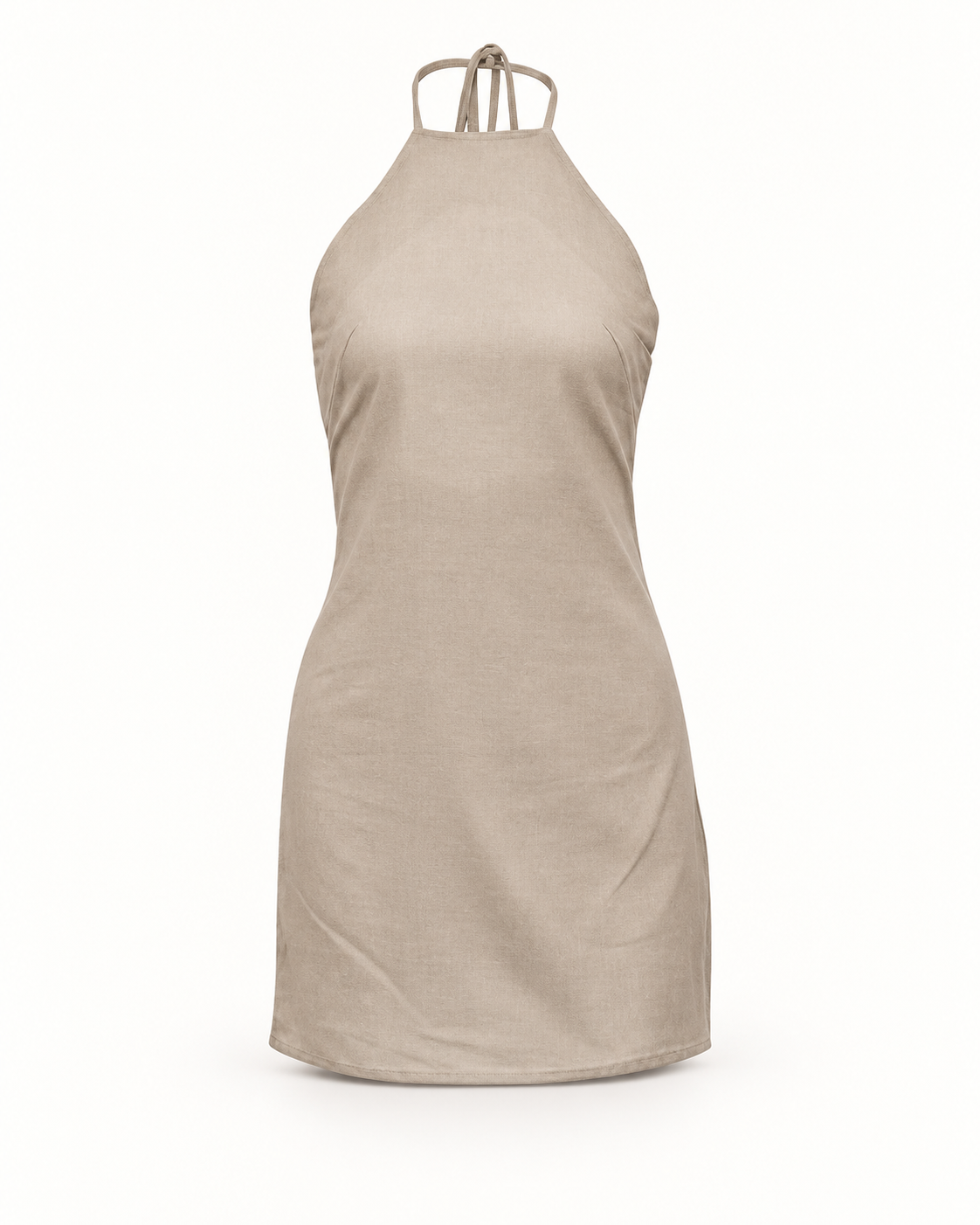 Vestido curto de linho com decote halter em caqui — imagem do produto