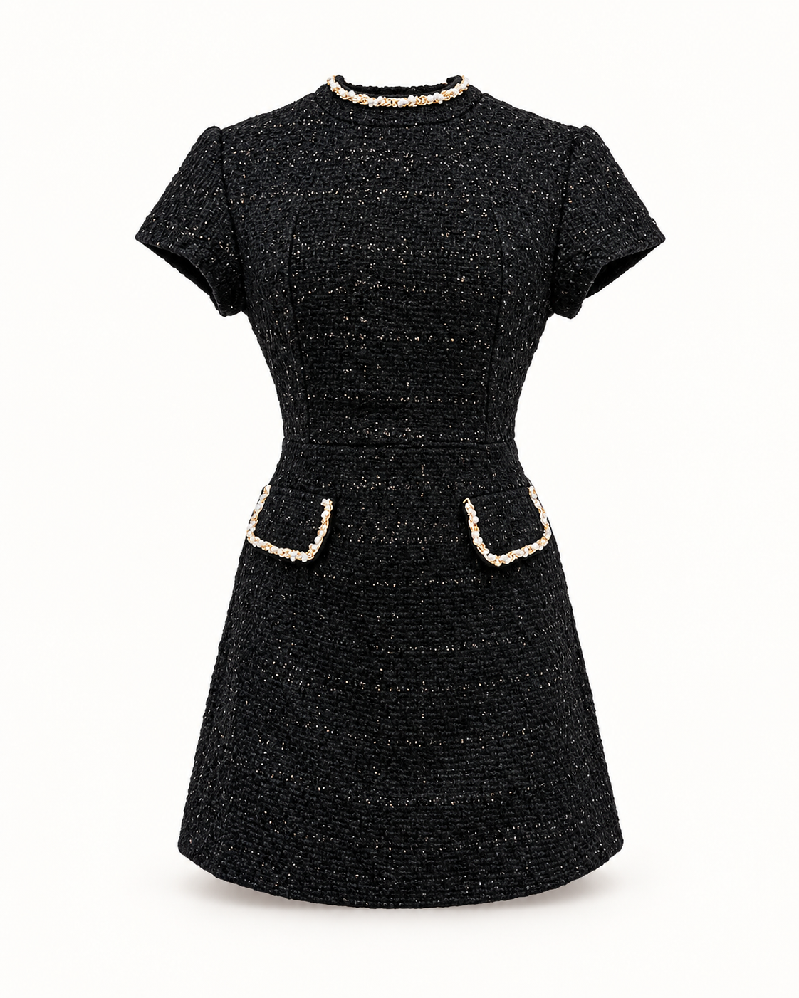 Vestido curto em tweed com ombros estruturados preto — imagem do produto