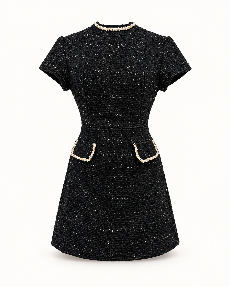 Vestido Curto em Tweed com Ombros Estruturados