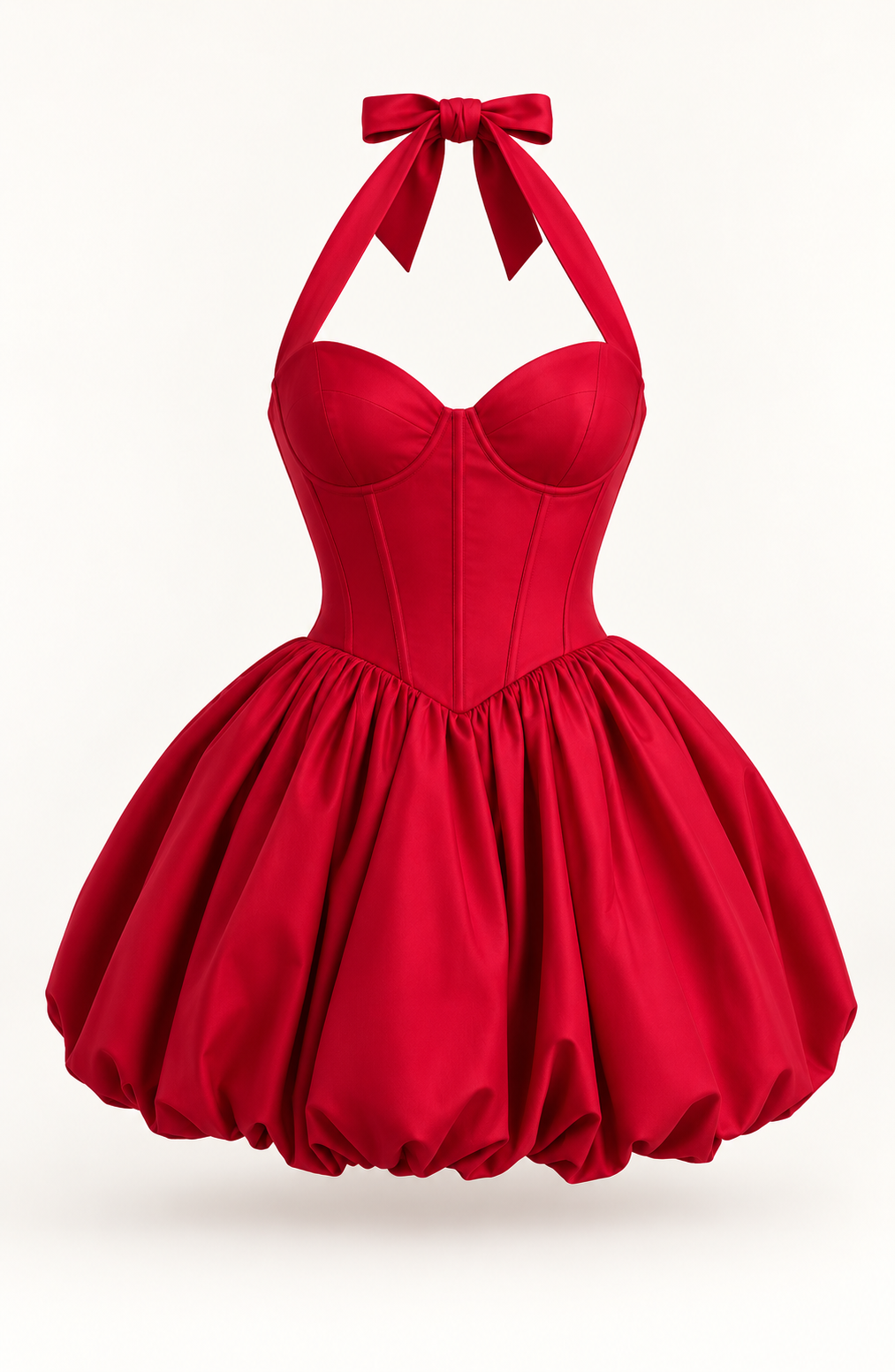 Vestido Curto Vermelho com Corpete e Decote Halter em fundo de estúdio | Tolobasao