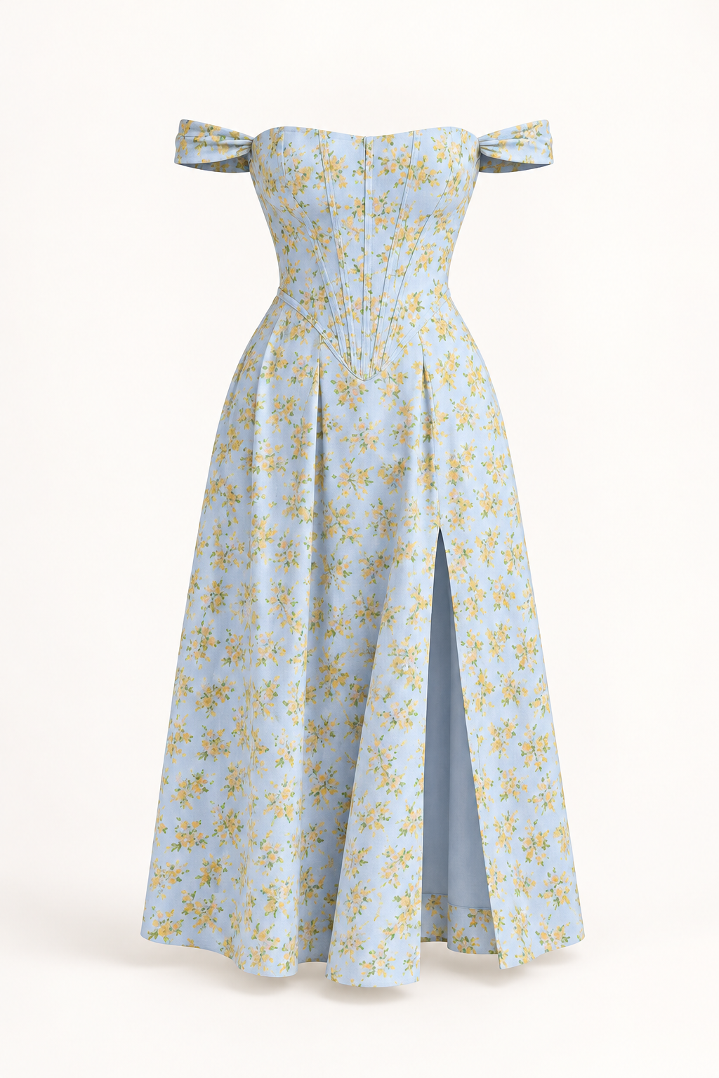 Vestido Midi Floral com Corpete e Bolsos em Azul — imagem de produto em fundo de estúdio | Tolobasao