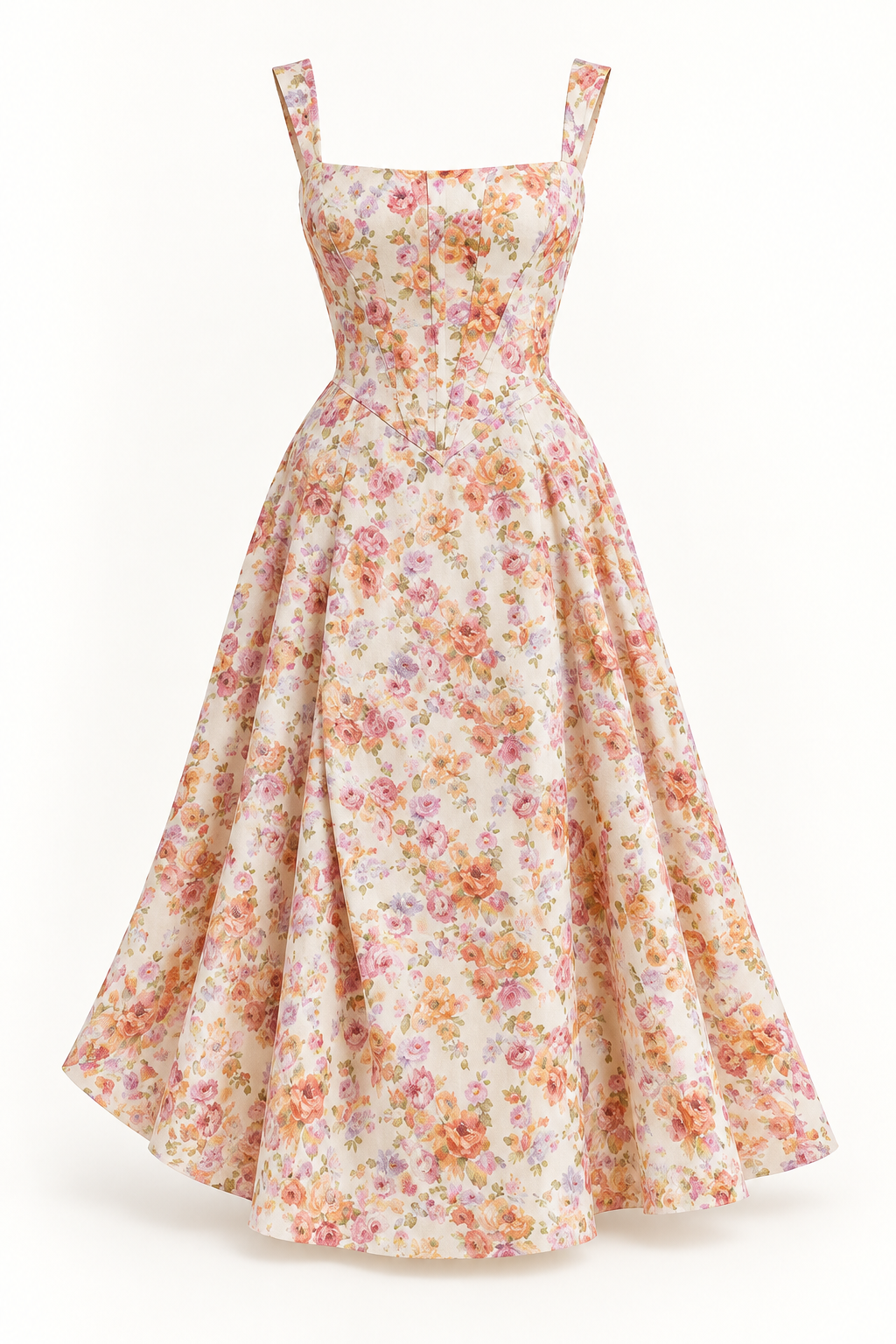 Vestido Midi Floral com Corpete e Bolsos em Bege — imagem de produto em fundo de estúdio | Tolobasao