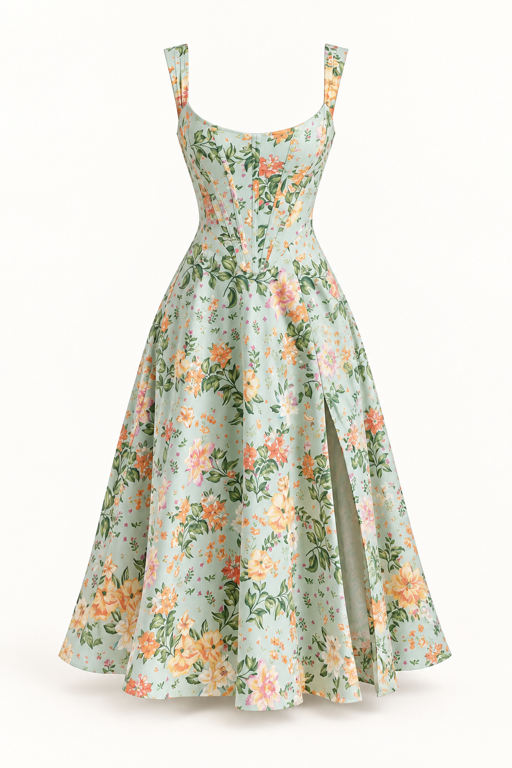 Vestido Midi Floral com Corpete e Bolsos em Verde — imagem de produto em fundo de estúdio | Tolobasao