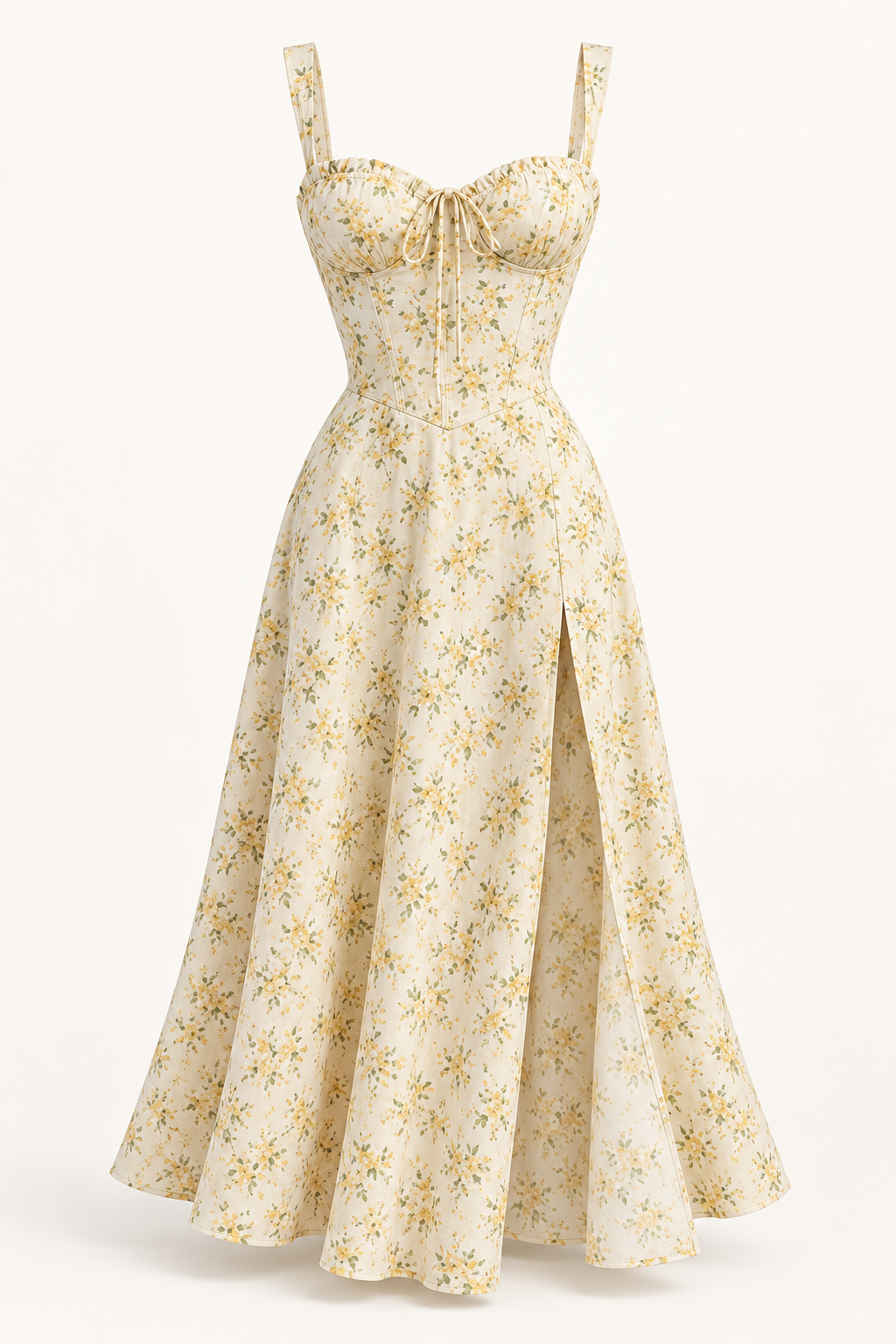 Vestido midi floral com corpete amarelo floral — imagem do produto