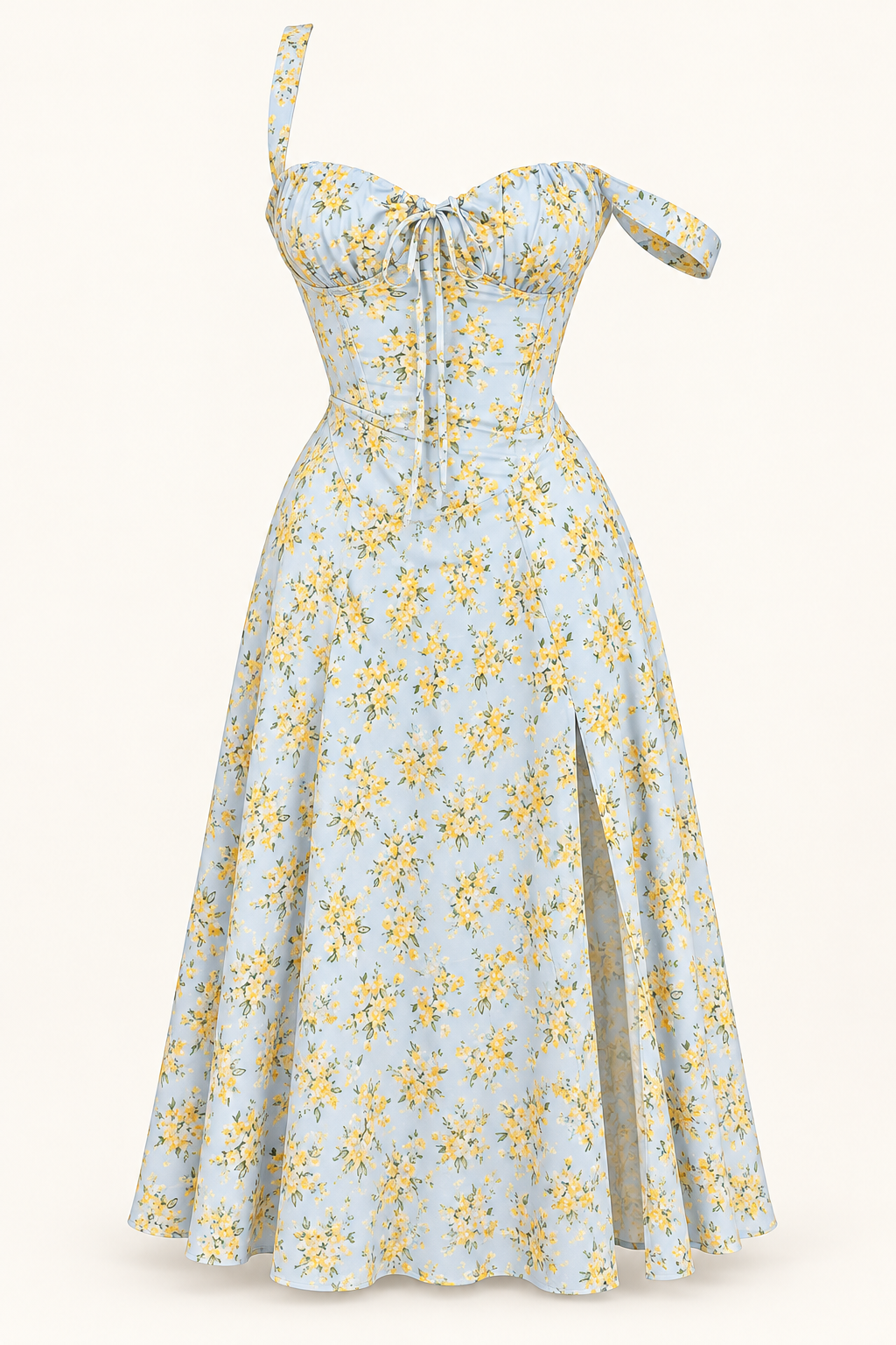 Vestido midi floral com corpete azul e amarelo — imagem do produto