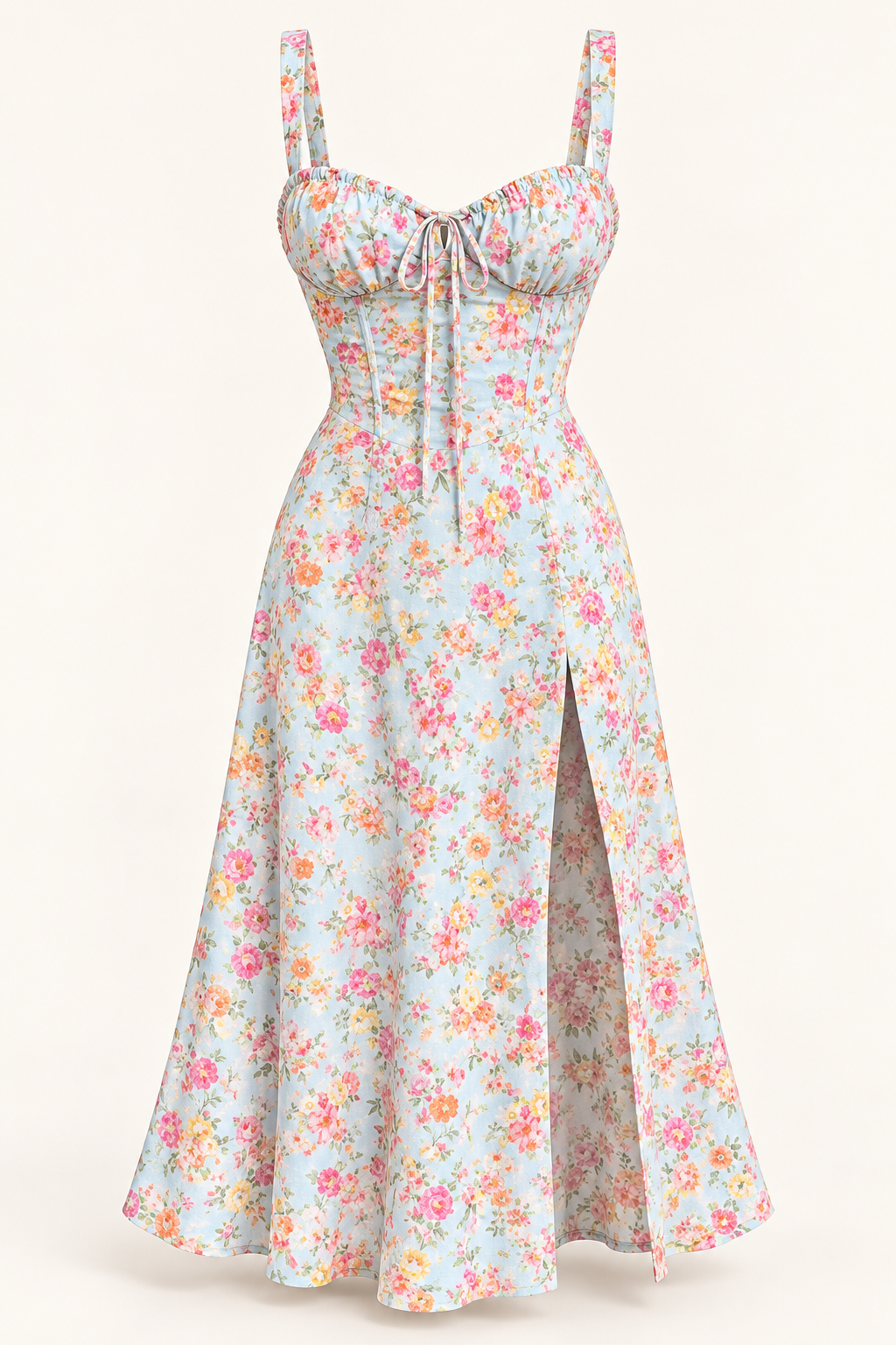Vestido midi floral com corpete azul e rosa — imagem do produto