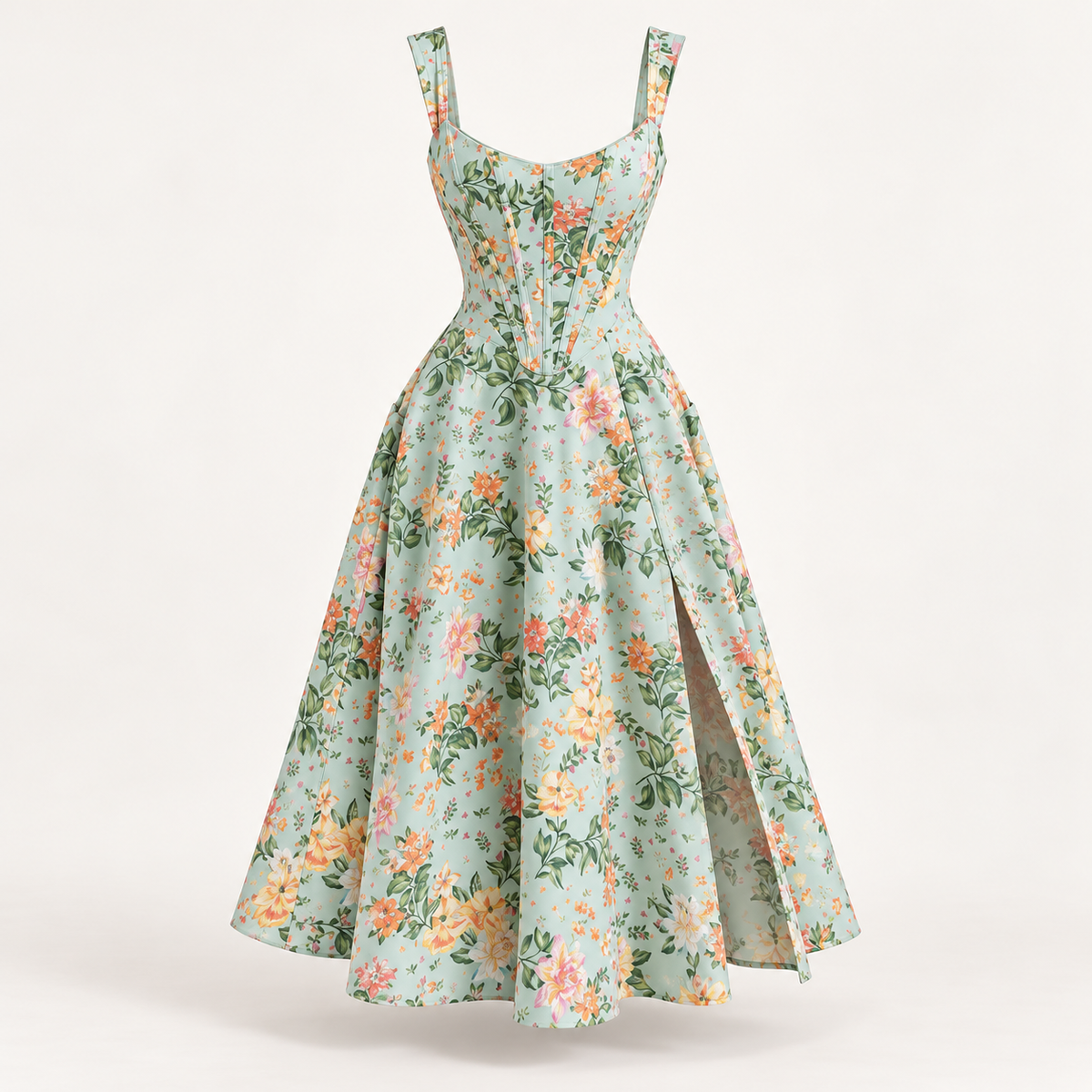 Vestido Midi Floral com Corpete e Bolsos em fundo de estúdio | Tolobasao