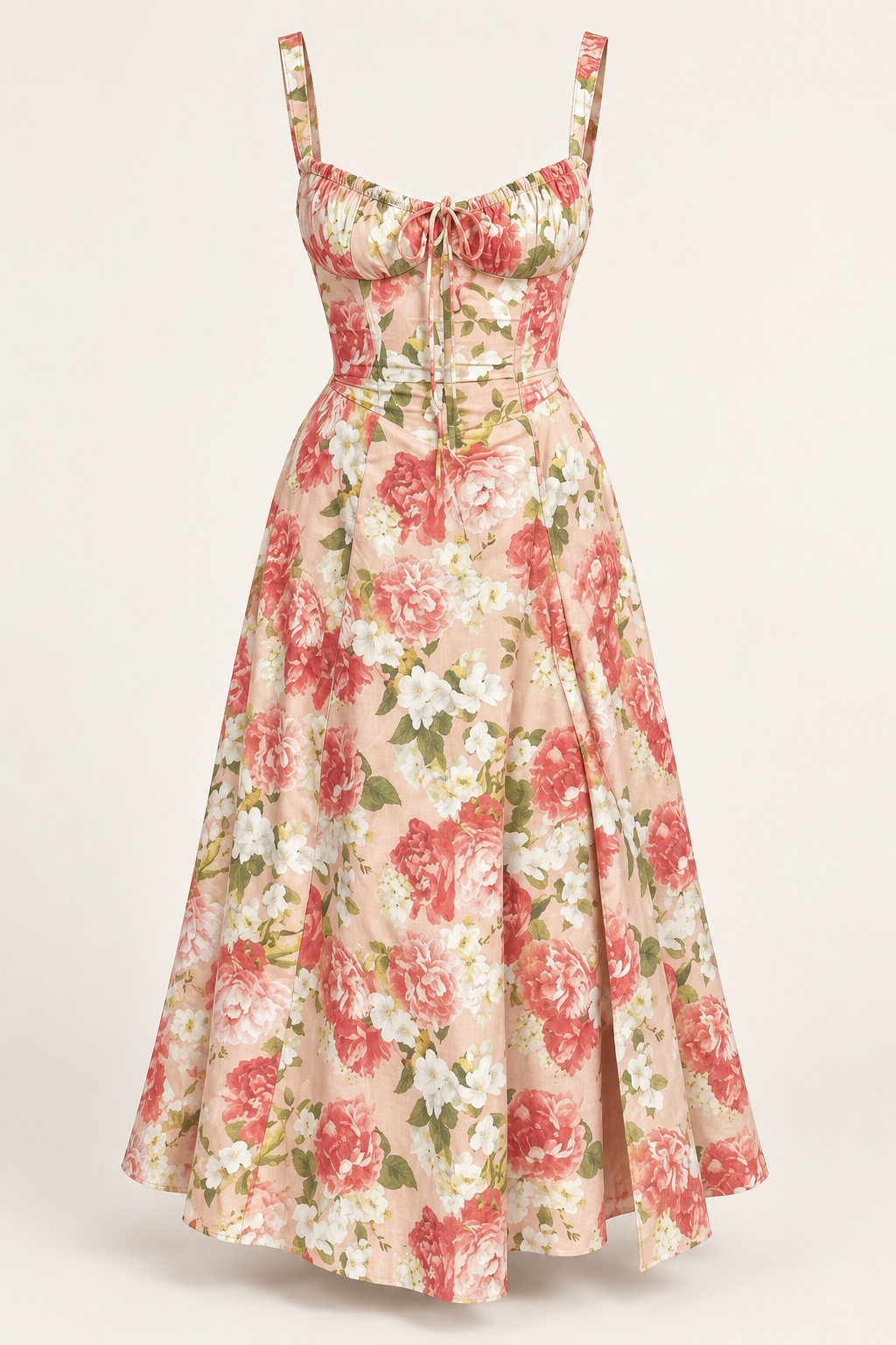 Vestido midi floral com corpete padrão peónias — imagem do produto