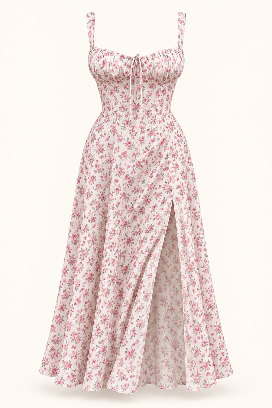 Vestido midi floral com corpete em rosa floral — imagem do produto