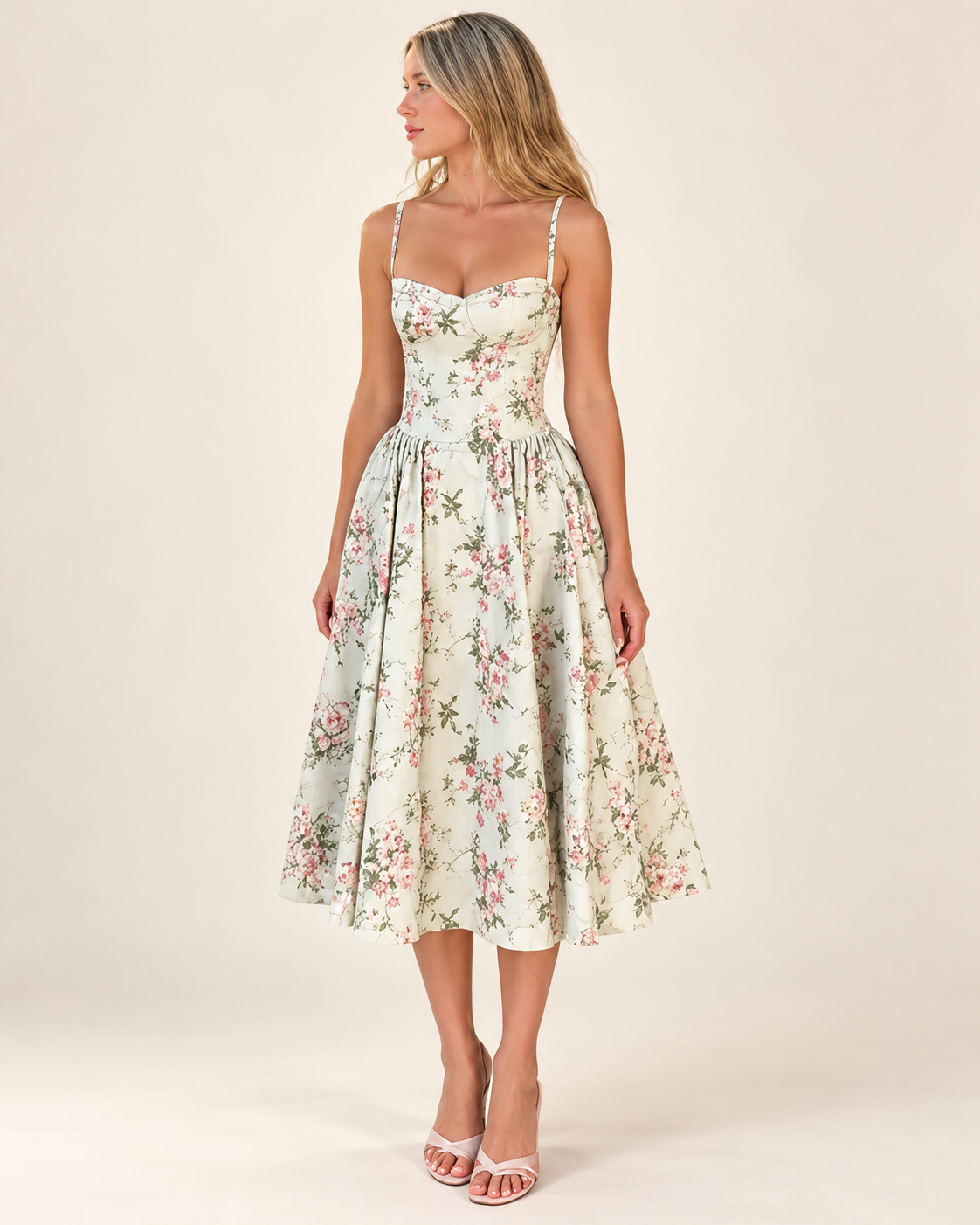 Vestido Midi Floral de Cintura Alta — Modelo A em fundo de estúdio | Tolobasao